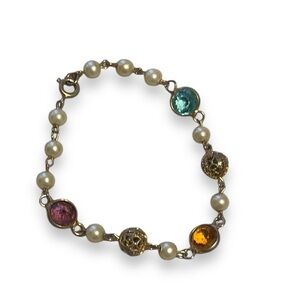 Vintage Station Bracelet Crystal Faux Pearl Gold Tone Multi